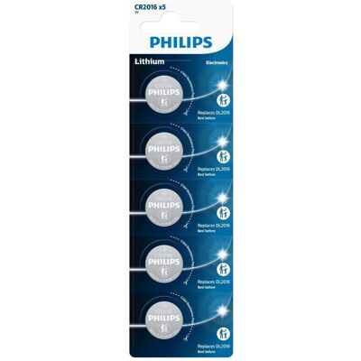 Philips CR2016 Lithium Knopfzellenbatterie - 3 V, 5 Stück, Lange Haltbarkeit Philips CR2016 Lithium Knopfzellenbatterie - 3 V, 5 Stück, Lange Haltbarkeit