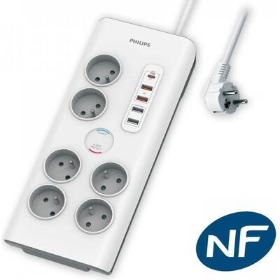 Multiprise Philips - 6 prises, Type-C, 4 USB-A - 2m - Publicité Multiprise Philips - 6 prises, Type-C, 4 USB-A - 2m - Publicité