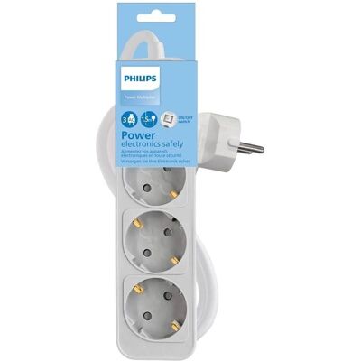 Rallonge multiprise Philips avec protection contre les surtensions, 3 prises - 1,5m - Blanc - Publicité Rallonge multiprise Philips avec protection contre les surtensions, 3 prises - 1,5m - Blanc - Publicité