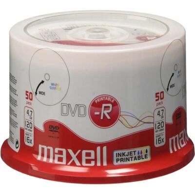 Maxell 50 x DVD-R 4,7 GB 16x - Nyomtatható felület - Spindel - Optikai tárolóeszköz Maxell 50 x DVD-R 4,7 GB 16x - Nyomtatható felület - Spindel - Optikai tárolóeszköz