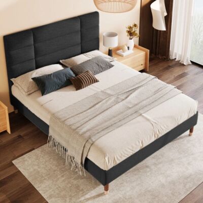 OKWISH - Letto imbottito 140x200 - Negro - Lino - Cama con cabecero OKWISH - Letto imbottito 140x200 - Negro - Lino - Cama con cabecero