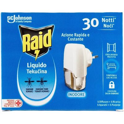 Raid Liquido Elettrico Antizanzare - 30 Notti, 1 Base & 1 Ricarica - Inodore Raid Liquido Elettrico Antizanzare - 30 Notti, 1 Base & 1 Ricarica - Inodore