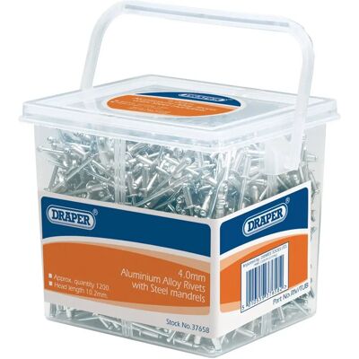 Rivetti ciechi in alluminio Draper 37658 - 1200 pezzi, 4,0mm Rivetti ciechi in alluminio Draper 37658 - 1200 pezzi, 4,0mm