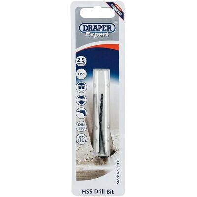 Draper 53031 Expert 2.5mm HSS Twist Drill - Drilling for 3 x 0.5 Taps Draper 53031 Expert 2.5mm HSS Twist Drill - Drilling for 3 x 0.5 Taps