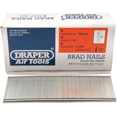 Draper 59829 Nails - 38mm Brad Nails - Pack of 5000 Draper 59829 Nails - 38mm Brad Nails - Pack of 5000