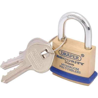 Candado de latón Draper 64160 - Abrazadera de acero templado, 2 llaves Candado de latón Draper 64160 - Abrazadera de acero templado, 2 llaves
