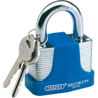 Candado de acero laminado Draper 64182 - 50mm, 2 llaves, shackle de acero endurecido Candado de acero laminado Draper 64182 - 50mm, 2 llaves, shackle de acero endurecido