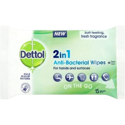 Dettol - On The Go 2-in-1 Antibacterial Wipes - 15 Wipes - Alcohol-Free - Wipes Dettol - On The Go 2-in-1 Antibacterial Wipes - 15 Wipes - Alcohol-Free - Wipes