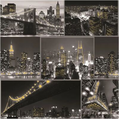 Fresco City at Night Schwarz/Weiß Skyline Gelb Akzent Tapete - Wanddekoration Fresco City at Night Schwarz/Weiß Skyline Gelb Akzent Tapete - Wanddekoration