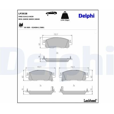 Kit di pastiglie freno Delphi LP3928 - Disco - E9 90R-02A0841/5881 Kit di pastiglie freno Delphi LP3928 - Disco - E9 90R-02A0841/5881