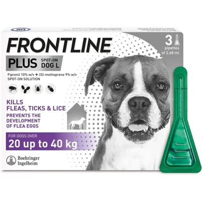 FRONTLINE Plus Flea and Tick Treatment for Large Dogs (20-40kg) - 3 Pipettes FRONTLINE Plus Flea and Tick Treatment for Large Dogs (20-40kg) - 3 Pipettes