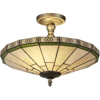 Searchlight Lighting New York 2 Light Semi-Flush Ceiling Fitting - Antique Brass, Tiffany Glass Searchlight Lighting New York 2 Light Semi-Flush Ceiling Fitting - Antique Brass, Tiffany Glass