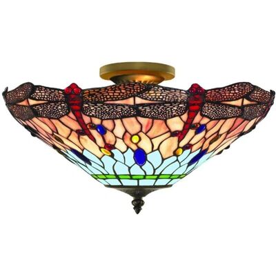 Searchlight Dragonfly - Antique Brass Semi Flush Ceiling Light, Tiffany Glass, Red, Blue, E14 Searchlight Dragonfly - Antique Brass Semi Flush Ceiling Light, Tiffany Glass, Red, Blue, E14