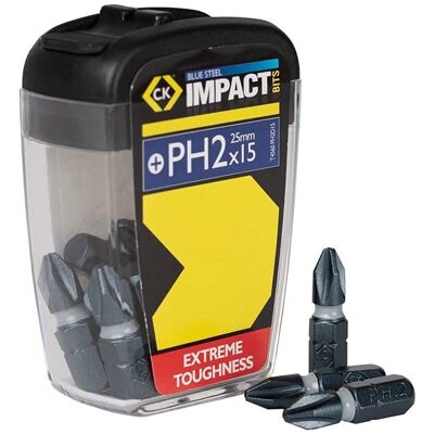 CK Tools T4560 PH2D15 Blauwe Staal Impact Schroevendraaier Bit - 25mm, Set van 15 CK Tools T4560 PH2D15 Blauwe Staal Impact Schroevendraaier Bit - 25mm, Set van 15