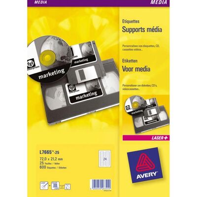 Avery L7665-25 Printer Labels - White - 72x21mm - 600 Labels Avery L7665-25 Printer Labels - White - 72x21mm - 600 Labels