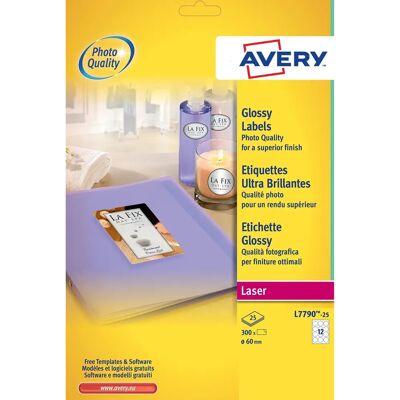 Étiquettes brillantes blanches Avery pour laser - Ø 60 mm - 300 étiquettes - Publicité Étiquettes brillantes blanches Avery pour laser - Ø 60 mm - 300 étiquettes - Publicité