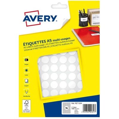 Étiquettes rondes blanches Avery PET15W - Auto-adhésives, 1536 pcs - Publicité Étiquettes rondes blanches Avery PET15W - Auto-adhésives, 1536 pcs - Publicité