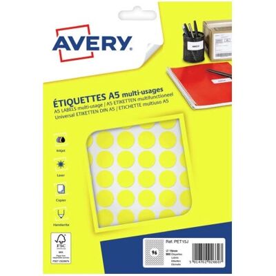 Avery PET15J Zelfklevende labels Geel - Zelfklevende labels, Geel, 960 stuks, Ø15 mm, Printbaar Avery PET15J Zelfklevende labels Geel - Zelfklevende labels, Geel, 960 stuks, Ø15 mm, Printbaar