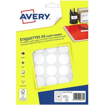 Avery PET24W Étiquettes rondes permanentes blanches - 640 pièces - Publicité Avery PET24W Étiquettes rondes permanentes blanches - 640 pièces - Publicité
