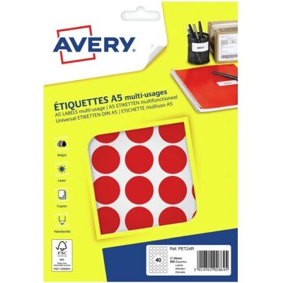 Avery PET24R Étiquettes Rondes Permanent Rouge - Étiquette - Publicité Avery PET24R Étiquettes Rondes Permanent Rouge - Étiquette - Publicité