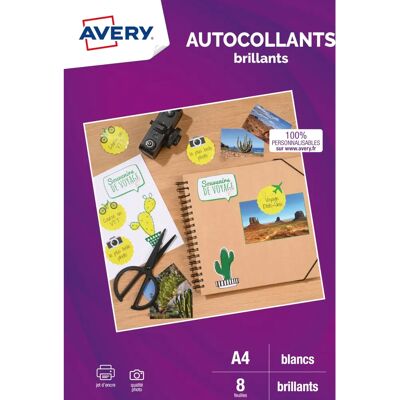Hojas de Pegatinas Brillantes Blancas Avery - 8 piezas A4 - Calidad fotográfica Hojas de Pegatinas Brillantes Blancas Avery - 8 piezas A4 - Calidad fotográfica