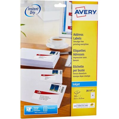 Etykiety adresowe Avery białe do drukarek inkjet - 360 na 15 arkuszy - Profesjonalne Etykiety adresowe Avery białe do drukarek inkjet - 360 na 15 arkuszy - Profesjonalne