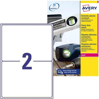 Étiquettes en polyester blanc Avery - 199,6x143,5mm - 2/Feuille - 20 Feuilles - Pour imprimante laser - Heavy Duty Étiquettes en polyester blanc Avery - 199,6x143,5mm - 2/Feuille - 20 Feuilles - Pour imprimante laser - Heavy Duty