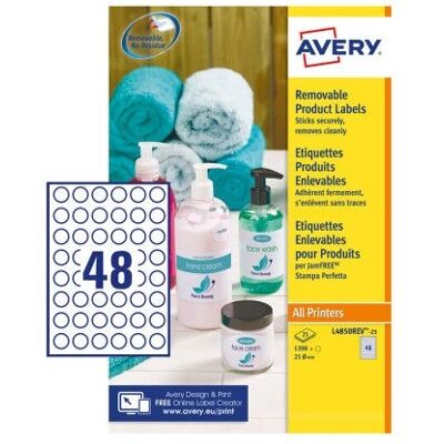 Étiquettes rondes blanches amovibles Avery L4850REV - 1200 pcs Étiquettes rondes blanches amovibles Avery L4850REV - 1200 pcs
