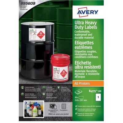 Avery B4775-20 Waterproof Chemical Resistant Labels Avery B4775-20 Waterproof Chemical Resistant Labels