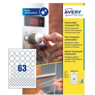 Étiquettes rondes transparentes antibactériennes Avery AM00CA4 - Publicité Étiquettes rondes transparentes antibactériennes Avery AM00CA4 - Publicité