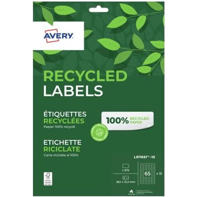 Avery LR7651-15 Étiquettes recyclées blanches - Auto-adhésif, laser & jet d'encre - 975 pcs Avery LR7651-15 Étiquettes recyclées blanches - Auto-adhésif, laser & jet d'encre - 975 pcs
