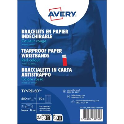 Avery Zweckform Tyvek Bracelets - Red, 256x19mm - Bracelets Avery Zweckform Tyvek Bracelets - Red, 256x19mm - Bracelets