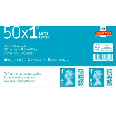 Royal Mail - First Class Large Letter - Pack 50 - Postage stamps Royal Mail - First Class Large Letter - Pack 50 - Postage stamps