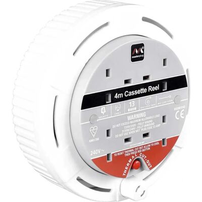 Bobine de câble blanche Masterplug 4m - 240V 13A 4 prises prolongateur de sécurité - Publicité Bobine de câble blanche Masterplug 4m - 240V 13A 4 prises prolongateur de sécurité - Publicité