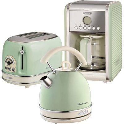 Ariete ARPK14 Retro Style Dome Kettle, Toaster & Coffee Machine Set - Green Ariete ARPK14 Retro Style Dome Kettle, Toaster & Coffee Machine Set - Green