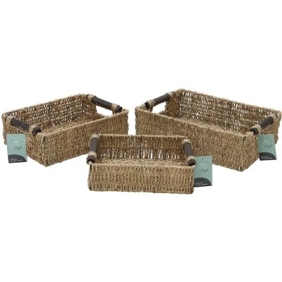 JVL Seagrass Set of 3 Storage Baskets - Rectangular, Wooden Handles, Natural - Storage Baskets JVL Seagrass Set of 3 Storage Baskets - Rectangular, Wooden Handles, Natural - Storage Baskets