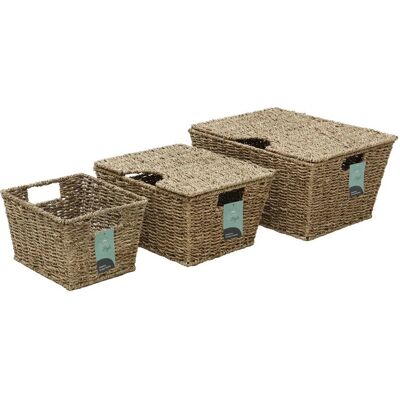 JVL Seagrass Set of 3 Rectangular Lidded Storage Baskets - Storage Baskets JVL Seagrass Set of 3 Rectangular Lidded Storage Baskets - Storage Baskets