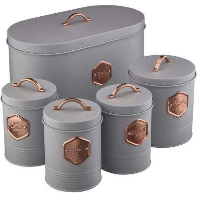 Cooks Professional Kitchen Storage Set - White/Copper - Canister, Bread Bin, Tea, Coffee, Sugar Cooks Professional Kitchen Storage Set - White/Copper - Canister, Bread Bin, Tea, Coffee, Sugar