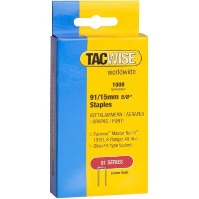Tacwise 91 Narrow Crown Staples - 15mm Pack of 1000 Tacwise 91 Narrow Crown Staples - 15mm Pack of 1000