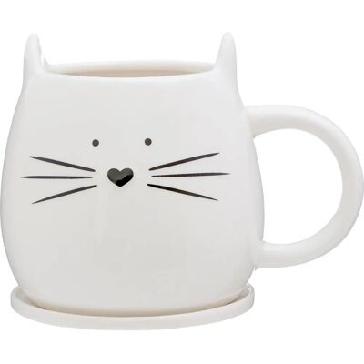 Tasse à café en porcelaine blanche avec motif de tête de chat et set de sous-verres en liège Tasse à café en porcelaine blanche avec motif de tête de chat et set de sous-verres en liège