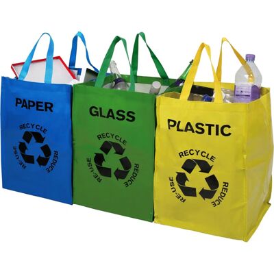 Premier Housewares Set Of 3 Colour Coded Recycle Logo Bags - Recycling Bags Premier Housewares Set Of 3 Colour Coded Recycle Logo Bags - Recycling Bags