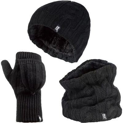 Heat Holders Damen Winter Fleece Mütze, Halswärmer und Converter Handschuhe Set - Schwarz - Einheitsgröße Heat Holders Damen Winter Fleece Mütze, Halswärmer und Converter Handschuhe Set - Schwarz - Einheitsgröße