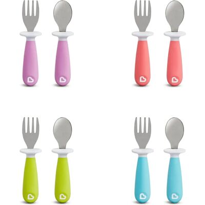 Marque Munchkin Ensemble Fourchette et Cuillère pour Tout-Petits - Ergonomique, Sans BPA, Couleurs Variées - Publicité Marque Munchkin Ensemble Fourchette et Cuillère pour Tout-Petits - Ergonomique, Sans BPA, Couleurs Variées - Publicité