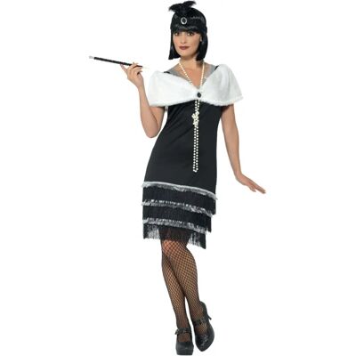 Costume Flapper nero di Smiffys - Vestito, fascia e stole di pelliccia Costume Flapper nero di Smiffys - Vestito, fascia e stole di pelliccia