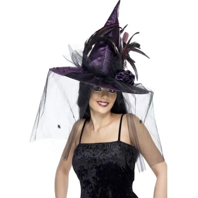 Fialový Deluxe Pavoučí Čarodějnický Klobouk od Smiffys - Saténové Síťky & Pírka - Halloween Doplněk Fialový Deluxe Pavoučí Čarodějnický Klobouk od Smiffys - Saténové Síťky & Pírka - Halloween Doplněk