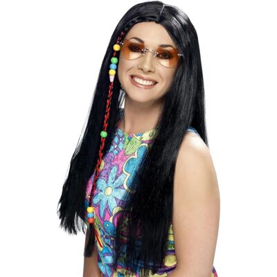 Czarna peruka hippie z koralikami - Akcesorium na imprezy dla dorosłych Czarna peruka hippie z koralikami - Akcesorium na imprezy dla dorosłych