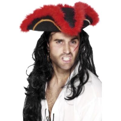 Cappello tricornio da pirata Smiffys con piuma, rosso/nero/oro Cappello tricornio da pirata Smiffys con piuma, rosso/nero/oro