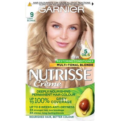 Teinture pour cheveux blonde Nutrisse de Garnier - Couverture de gris, Nourrissante, 5 Huiles - Publicité Teinture pour cheveux blonde Nutrisse de Garnier - Couverture de gris, Nourrissante, 5 Huiles - Publicité