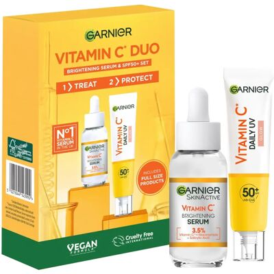 Ensemble Duo Visage Sérum Éclaircissant et Fluide UV SPF 50+ de Garnier - Publicité Ensemble Duo Visage Sérum Éclaircissant et Fluide UV SPF 50+ de Garnier - Publicité