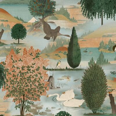 Holden Decor Swan Lake Wallpaper Orange / Green - Scenic Landscape Holden Decor Swan Lake Wallpaper Orange / Green - Scenic Landscape